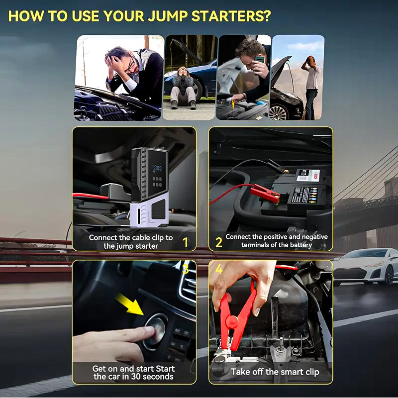 12V Portable Car Jump Starter, 10000A Peak Battery Starter, Car Battery Starting Box, Suitable for ALL GAS And 10.0L Diesel, with USB Charging Port And LED Flashlight, 6400Mah Portable Power Bank, Air Compressor, 150PSI Inflation Pump