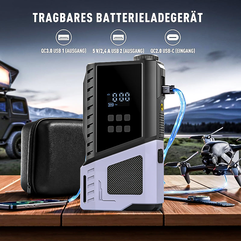 12V Portable Car Jump Starter, 10000A Peak Battery Starter, Car Battery Starting Box, Suitable for ALL GAS And 10.0L Diesel, with USB Charging Port And LED Flashlight, 6400Mah Portable Power Bank, Air Compressor, 150PSI Inflation Pump