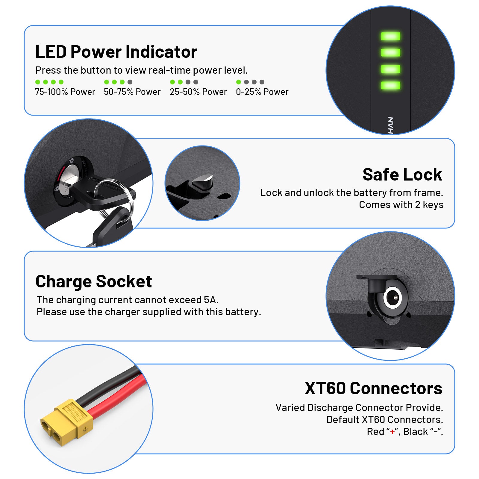 6PIN Ebike Battery S220 48V 15.6Ah BMS30A LG5200 Cells For 350W 500W 750W 1000W Motor 【USA Stock】