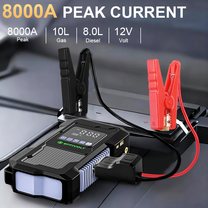 8000A Multi-functional Emergency Start Power Supply with Air Pump, 150PSL Portable Car Battery Starter, Digital Tire Inflator, LED Emergency Light, Car Emergency Tool.Suitable for 10.0L Gasoline Or 9.0L Diesel Battery, 8in 1 Jump Starter