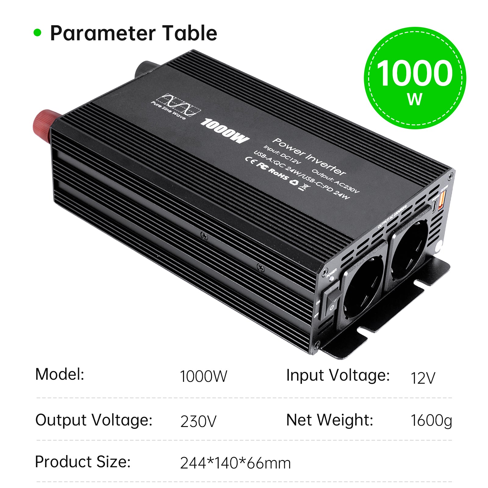 Pure sine Inverter 1000w,12v DC to 110v Power Inverters for 1000 watt with Dual AC Outlets 3.0A USB and Type-C【EU stock】