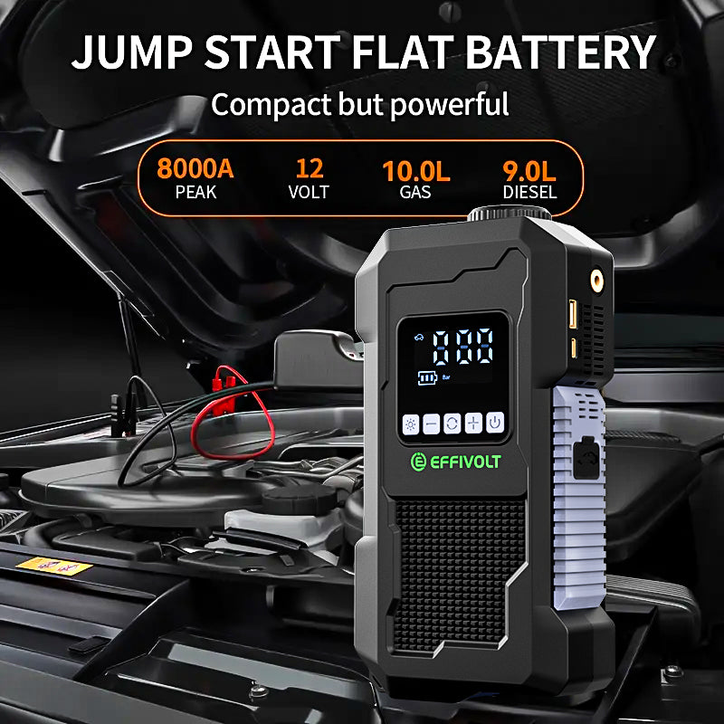 8000A Multi-functional Emergency Start Power Supply with Air Pump, 150PSL Portable Car Battery Starter, Digital Tire Inflator, LED Emergency Light, Car Emergency Tool.Suitable for 10.0L Gasoline Or 9.0L Diesel Battery, 8in 1 Jump Starter
