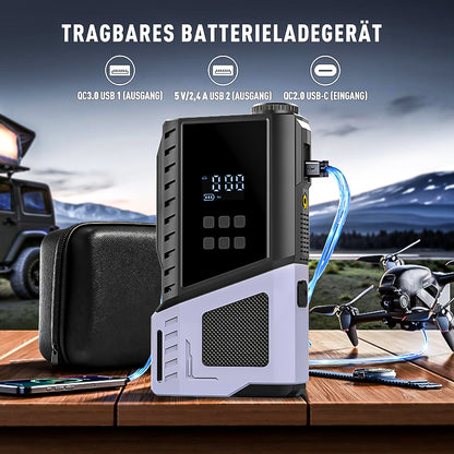 12V Portable Car Jump Starter, 10000A Peak Battery Starter, Car Battery Starting Box, Suitable for ALL GAS And 10.0L Diesel, with USB Charging Port And LED Flashlight, 6400Mah Portable Power Bank, Air Compressor, 150PSI Inflation Pump
