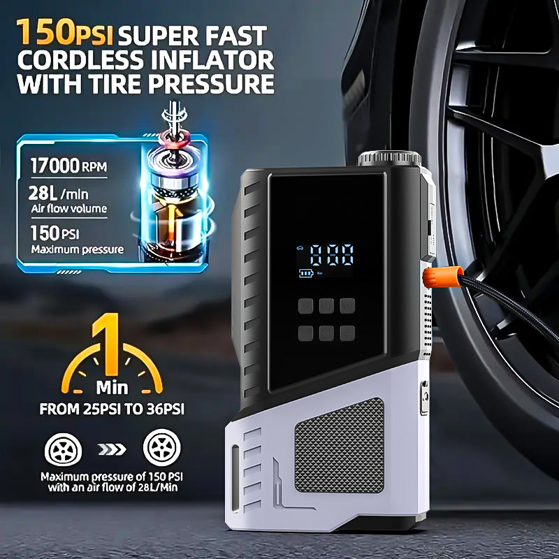 12V Portable Car Jump Starter, 10000A Peak Battery Starter, Car Battery Starting Box, Suitable for ALL GAS And 10.0L Diesel, with USB Charging Port And LED Flashlight, 6400Mah Portable Power Bank, Air Compressor, 150PSI Inflation Pump