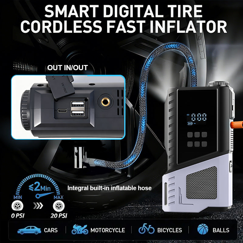 12V Portable Car Jump Starter, 10000A Peak Battery Starter, Car Battery Starting Box, Suitable for ALL GAS And 10.0L Diesel, with USB Charging Port And LED Flashlight, 6400Mah Portable Power Bank, Air Compressor, 150PSI Inflation Pump