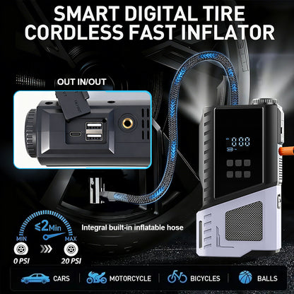 12V Portable Car Jump Starter, 10000A Peak Battery Starter, Car Battery Starting Box, Suitable for ALL GAS And 10.0L Diesel, with USB Charging Port And LED Flashlight, 6400Mah Portable Power Bank, Air Compressor, 150PSI Inflation Pump