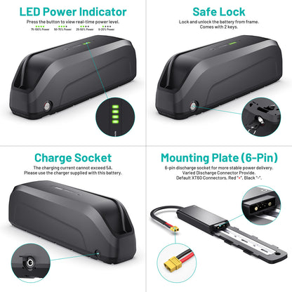 6PIN Ebike Battery S221 48V 20.8Ah BMS45A LG5200 Cells For 500W 750W 1000W 1200W 1500W Motor 【US Stock】
