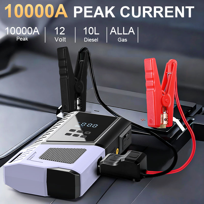 12V Portable Car Jump Starter, 10000A Peak Battery Starter, Car Battery Starting Box, Suitable for ALL GAS And 10.0L Diesel, with USB Charging Port And LED Flashlight, 6400Mah Portable Power Bank, Air Compressor, 150PSI Inflation Pump