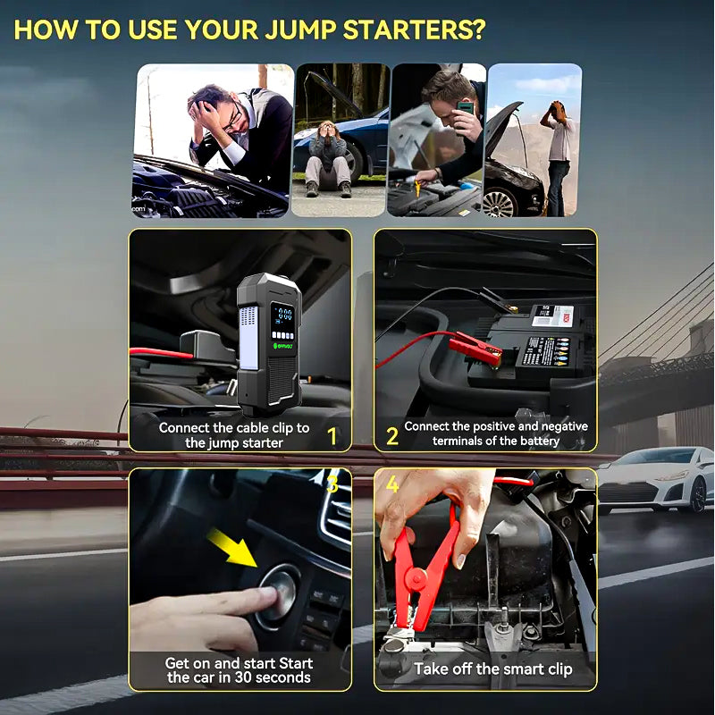 8000A Multi-functional Emergency Start Power Supply with Air Pump, 150PSL Portable Car Battery Starter, Digital Tire Inflator, LED Emergency Light, Car Emergency Tool.Suitable for 10.0L Gasoline Or 9.0L Diesel Battery, 8in 1 Jump Starter