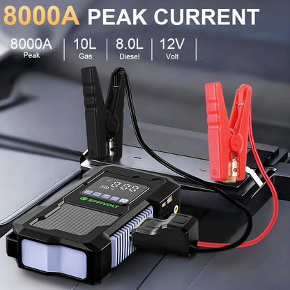 8000A Multi-functional Emergency Start Power Supply with Air Pump, 150PSL Portable Car Battery Starter, Digital Tire Inflator, LED Emergency Light, Car Emergency Tool.Suitable for 10.0L Gasoline Or 9.0L Diesel Battery, 8in 1 Jump Starter
