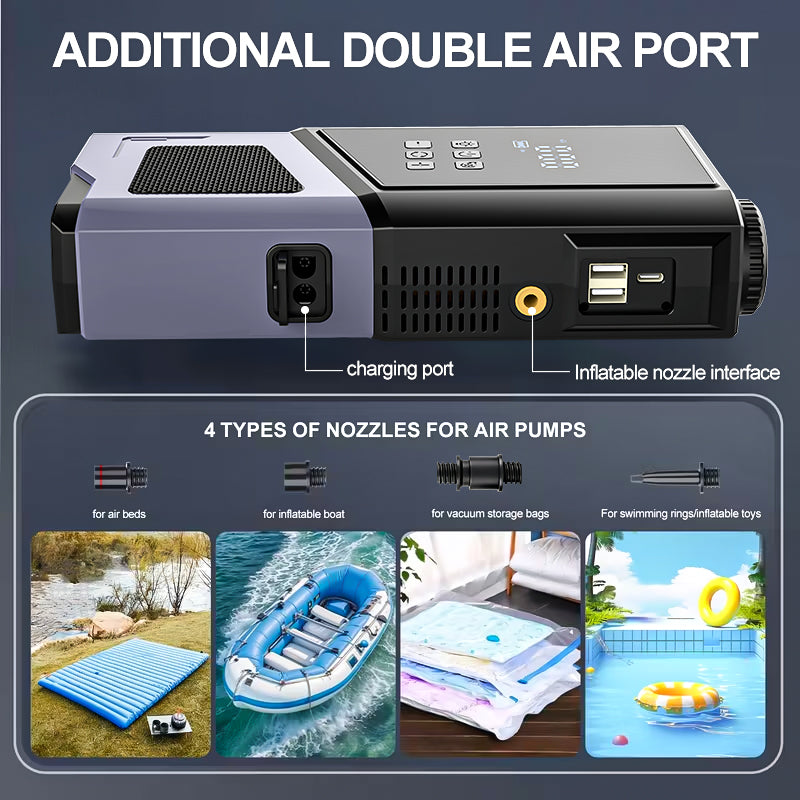 12V Portable Car Jump Starter, 10000A Peak Battery Starter, Car Battery Starting Box, Suitable for ALL GAS And 10.0L Diesel, with USB Charging Port And LED Flashlight, 6400Mah Portable Power Bank, Air Compressor, 150PSI Inflation Pump