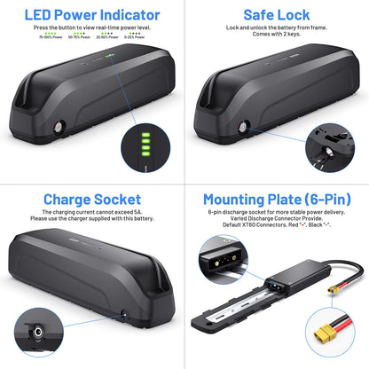6PIN Ebike Battery S220 48V 15.6Ah BMS30A LG5200 Cells For 350W 500W 750W 1000W Motor 【USA Stock】