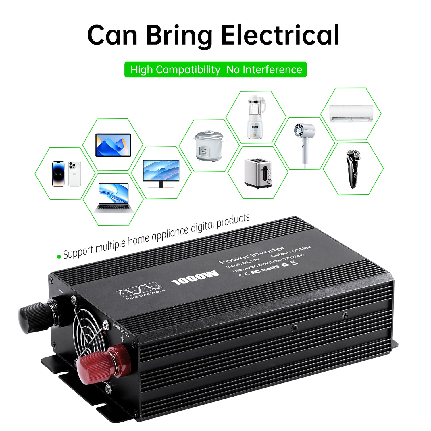 Pure sine Inverter 1000w,12v DC to 110v Power Inverters for 1000 watt with Dual AC Outlets 3.0A USB and Type-C【EU stock】