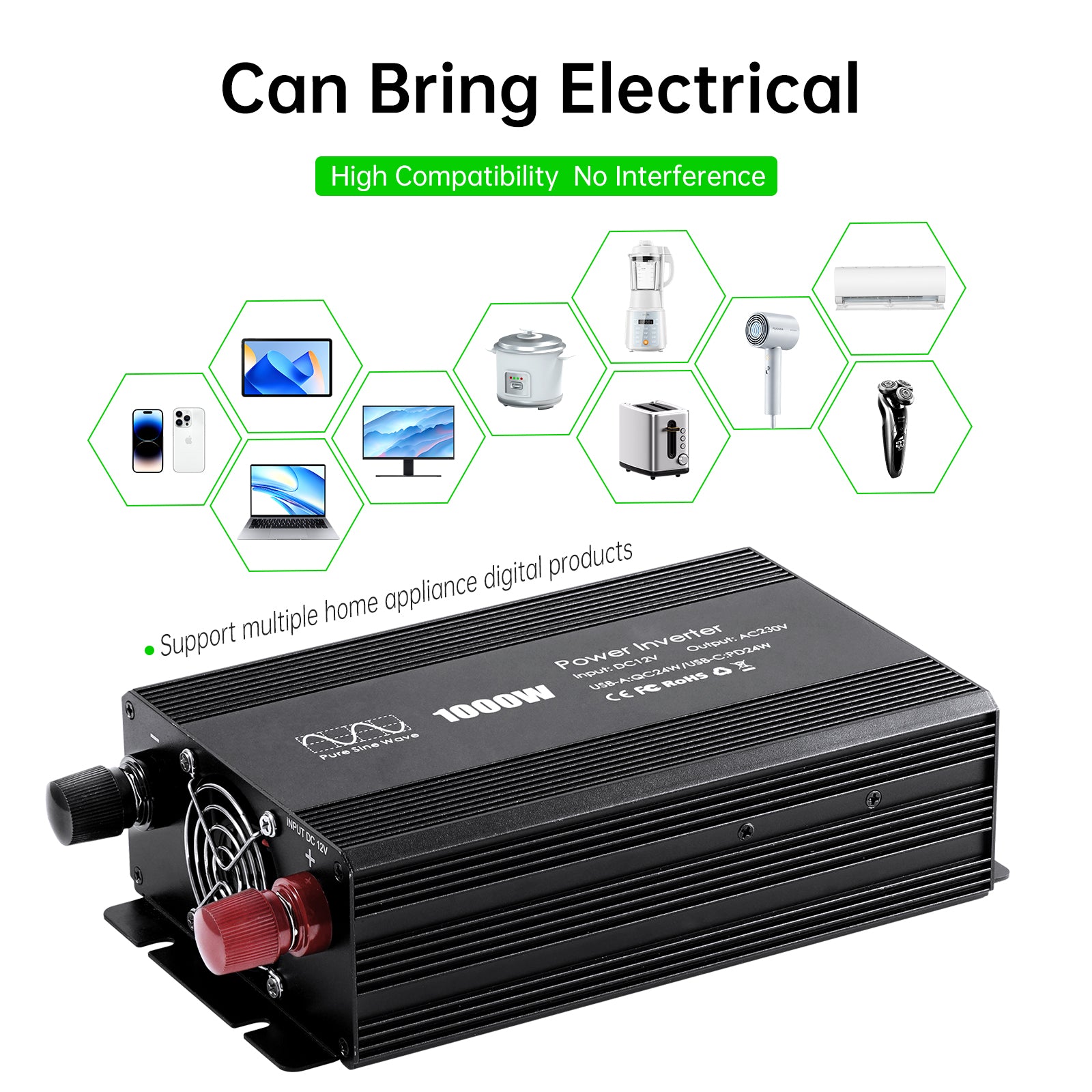 Pure sine Inverter 1000w,12v DC to 110v Power Inverters for 1000 watt with Dual AC Outlets 3.0A USB and Type-C【EU stock】