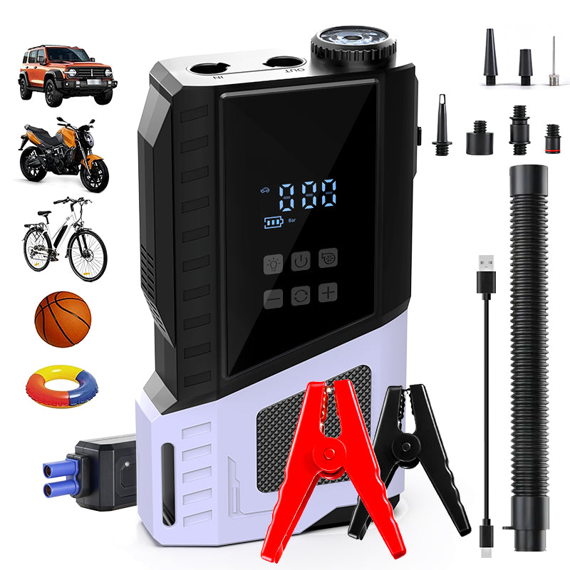 12V Portable Car Jump Starter, 10000A Peak Battery Starter, Car Battery Starting Box, Suitable for ALL GAS And 10.0L Diesel, with USB Charging Port And LED Flashlight, 6400Mah Portable Power Bank, Air Compressor, 150PSI Inflation Pump