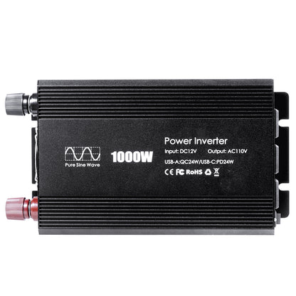 Pure sine Inverter 1000w,12v DC to 110v Power Inverters for 1000 watt with Dual AC Outlets 3.0A USB and Type-C【US stock】
