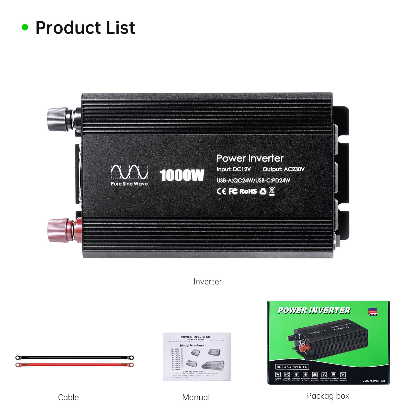 Pure sine Inverter 1000w,12v DC to 110v Power Inverters for 1000 watt with Dual AC Outlets 3.0A USB and Type-C【EU stock】
