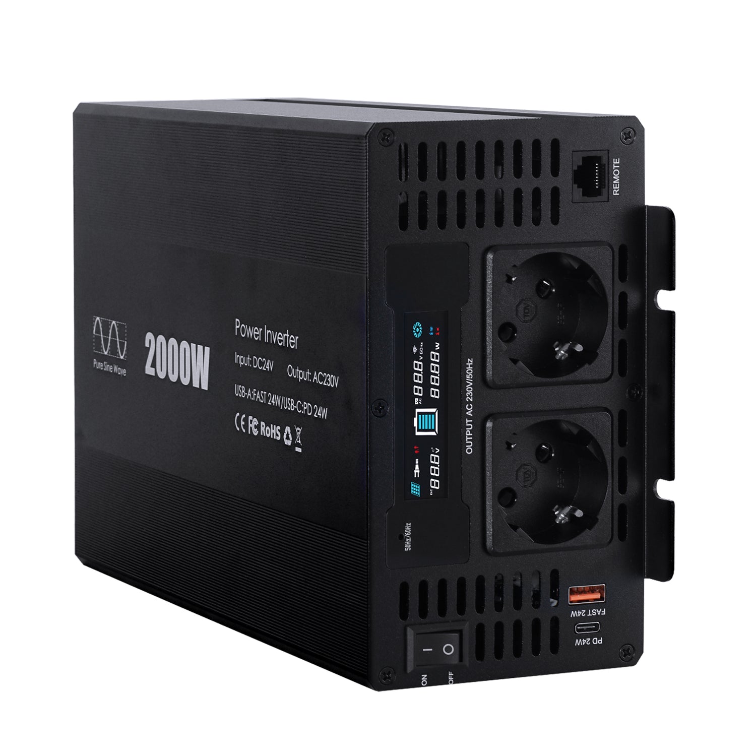 Pure sine Inverter 2000w,24v DC to 110v Power Inverters for 1000 watt with Dual AC Outlets 3.0A USB and Type-C【EU stock】