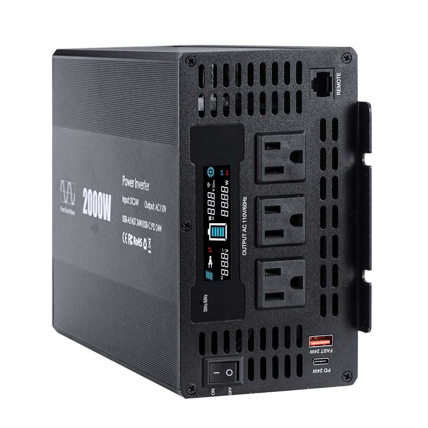 Pure sine Inverter 2000w,24v DC to 110v Power Inverters for 2000 watt with Dual AC Outlets 3.0A USB and Type-C【US stock】 Inverter 2000w,24v DC to 110v