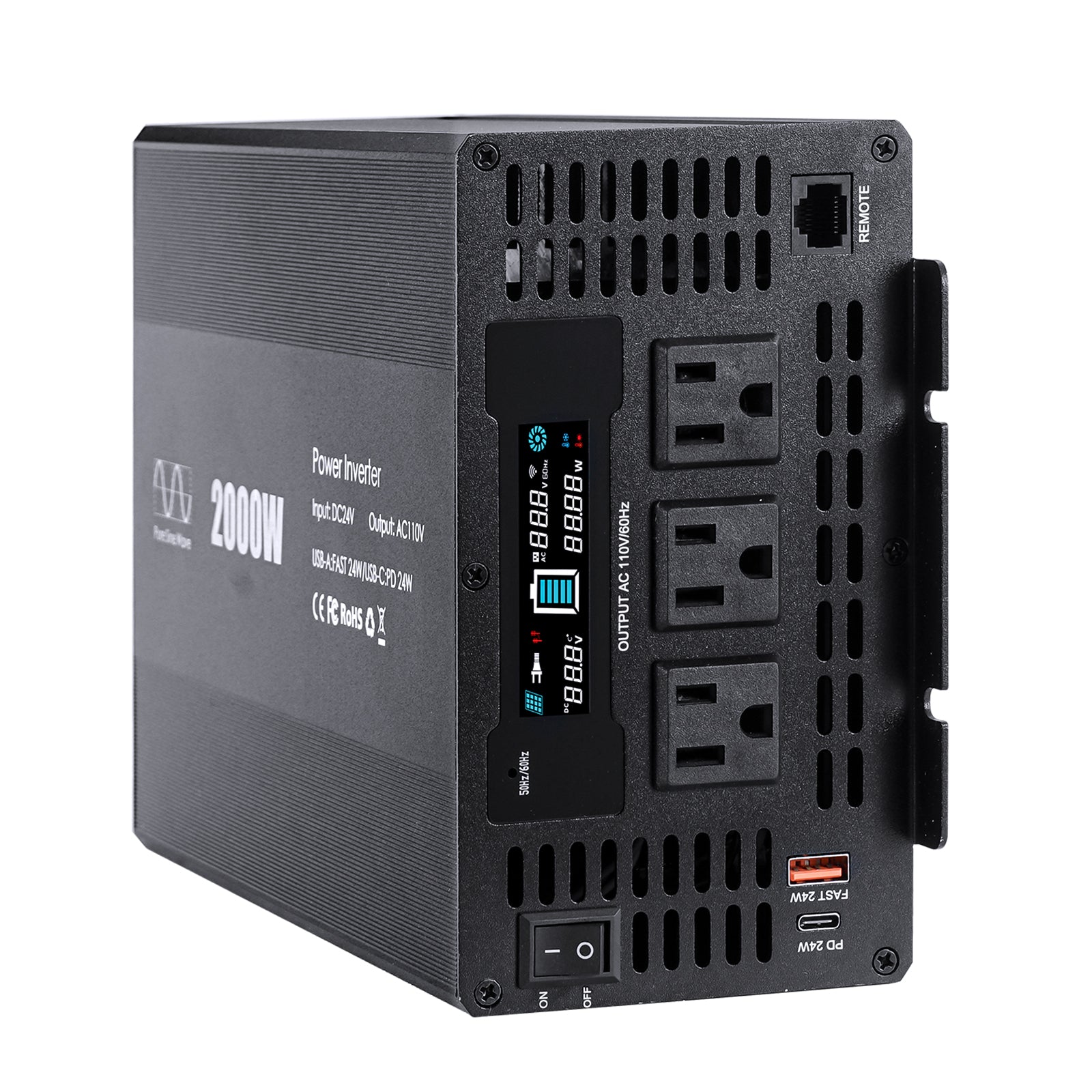 Pure sine Inverter 2000w,24v DC to 110v Power Inverters for 2000 watt with Dual AC Outlets 3.0A USB and Type-C【US stock】 Inverter 2000w,24v DC to 110v