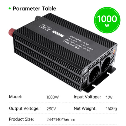 Pure sine Inverter 1000w,12v DC to 110v Power Inverters for 1000 watt with Dual AC Outlets 3.0A USB and Type-C【EU stock】