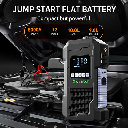 8000A Multi-functional Emergency Start Power Supply with Air Pump, 150PSL Portable Car Battery Starter, Digital Tire Inflator, LED Emergency Light, Car Emergency Tool.Suitable for 10.0L Gasoline Or 9.0L Diesel Battery, 8in 1 Jump Starter