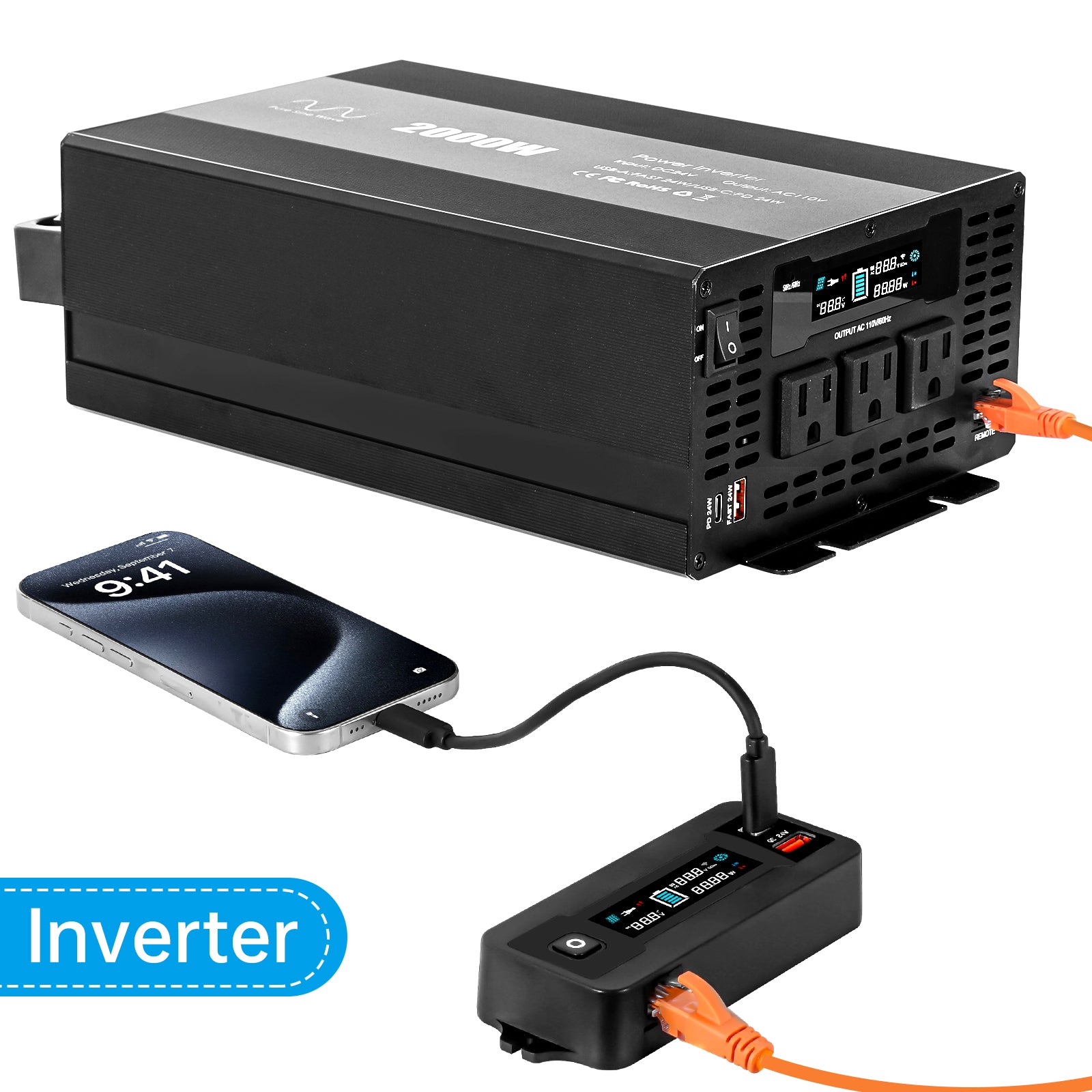 Pure sine Inverter 2000w,24v DC to 110v Power Inverters for 2000 watt with Dual AC Outlets 3.0A USB and Type-C【US stock】 Inverter 2000w,24v DC to 110v