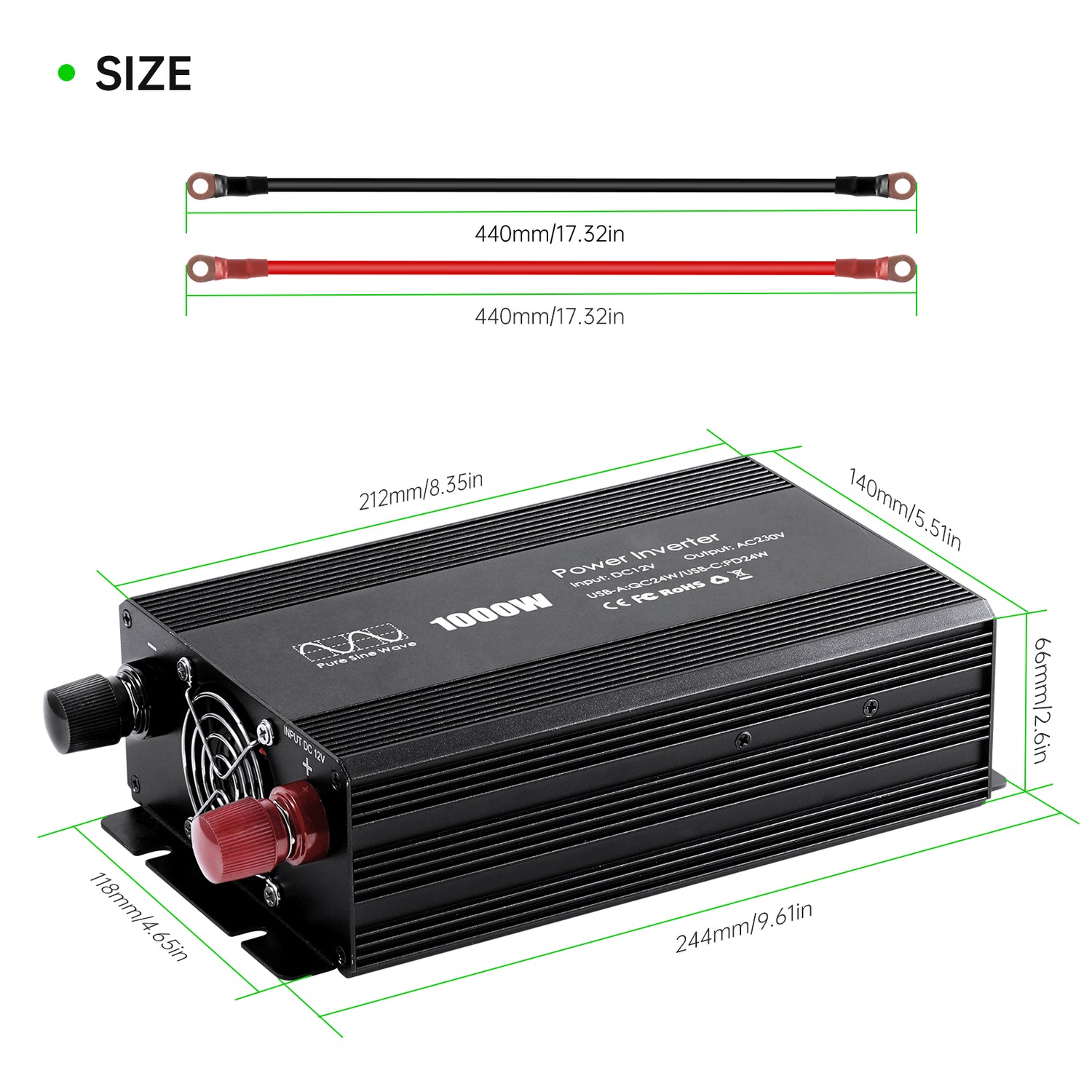 Pure sine Inverter 1000w,12v DC to 110v Power Inverters for 1000 watt with Dual AC Outlets 3.0A USB and Type-C【EU stock】