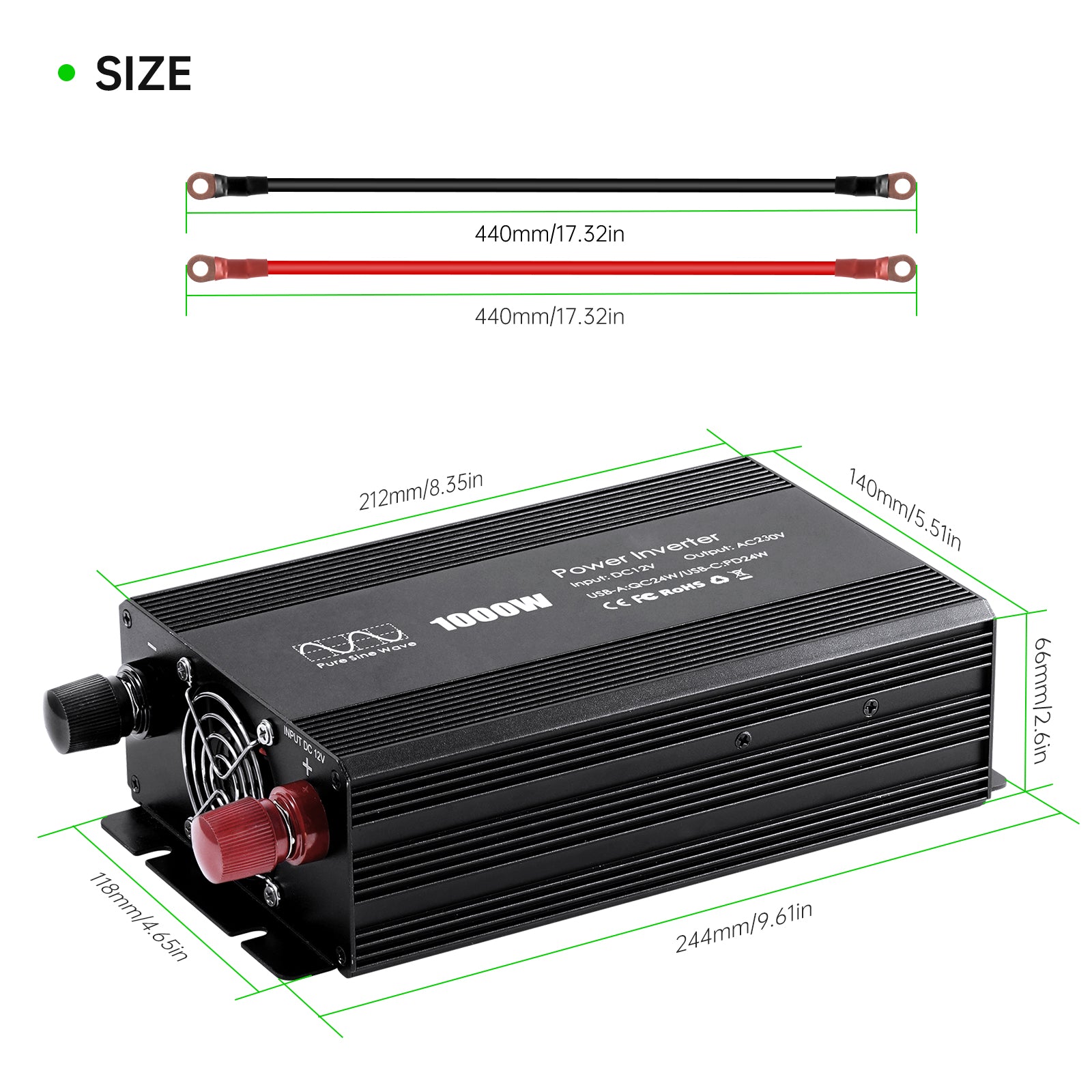 Pure sine Inverter 1000w,12v DC to 110v Power Inverters for 1000 watt with Dual AC Outlets 3.0A USB and Type-C【EU stock】