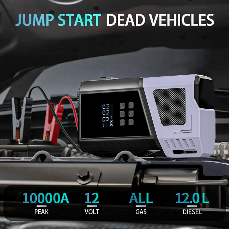 12V Portable Car Jump Starter, 10000A Peak Battery Starter, Car Battery Starting Box, Suitable for ALL GAS And 10.0L Diesel, with USB Charging Port And LED Flashlight, 6400Mah Portable Power Bank, Air Compressor, 150PSI Inflation Pump