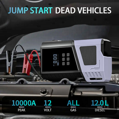 12V Portable Car Jump Starter, 10000A Peak Battery Starter, Car Battery Starting Box, Suitable for ALL GAS And 10.0L Diesel, with USB Charging Port And LED Flashlight, 6400Mah Portable Power Bank, Air Compressor, 150PSI Inflation Pump