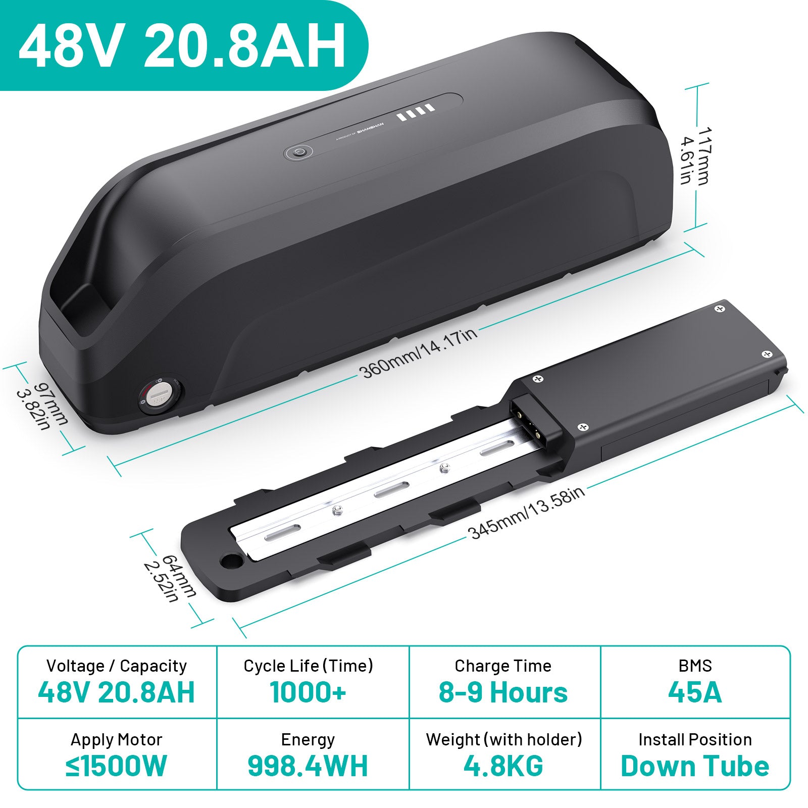 6PIN Ebike Battery S221 48V 20.8Ah BMS45A LG5200 Cells For 500W 750W 1000W 1200W 1500W Motor 【US Stock】