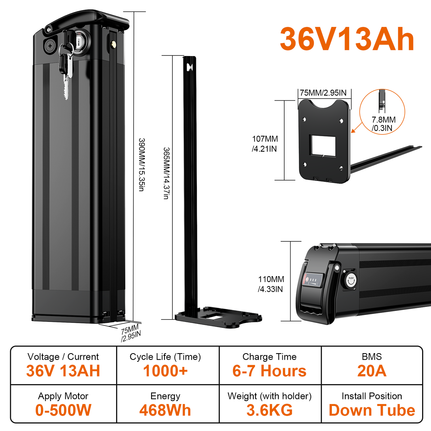 36V 13Ah Silverfish Bicycle lithium battery for 0-500w motor with 2A charger /EU Stock/Free shipping/3-5days arrive