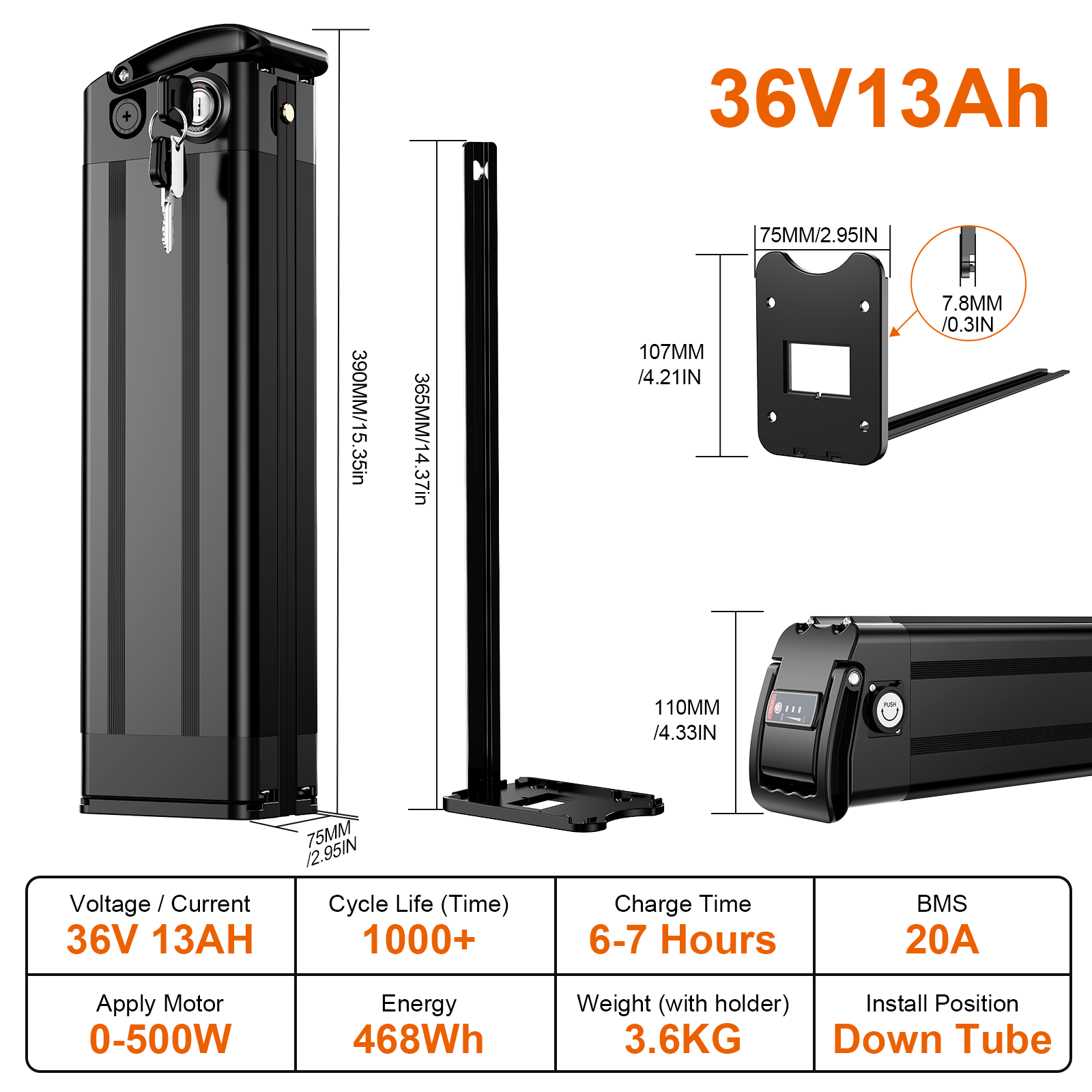 36V 17.5Ah（BMS20A) Silverfish Bicycle lithium battery for 0-500w motor with 2A charger /EU Stock/Free shipping/3-5days arrive