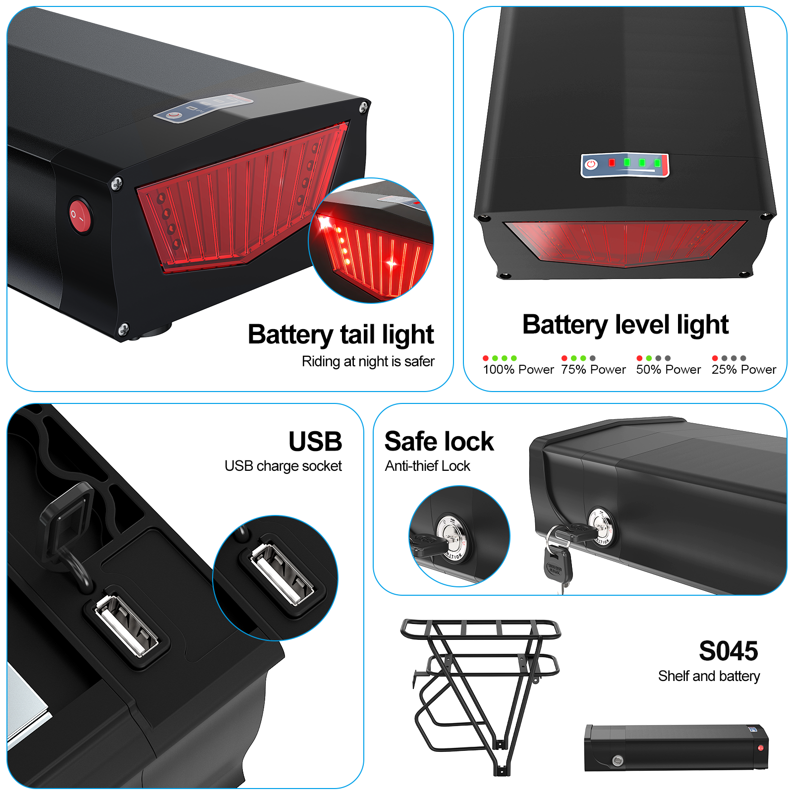 48V 20AH BMS30A Rear Rack Ebike Battery Pack for 500W 750W 1000W Motor【EU Stock】
