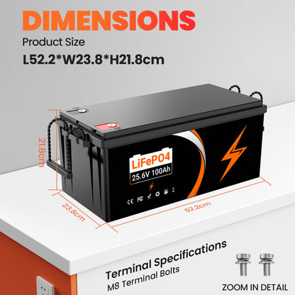 U205 25.6V 100AH Deep Cycles Life Rechargeable LiFePo4 Li-ion Battery For Outdoor Standby/RV/Tent Truck/Camper/Household Energy Storage【USA STOCK】