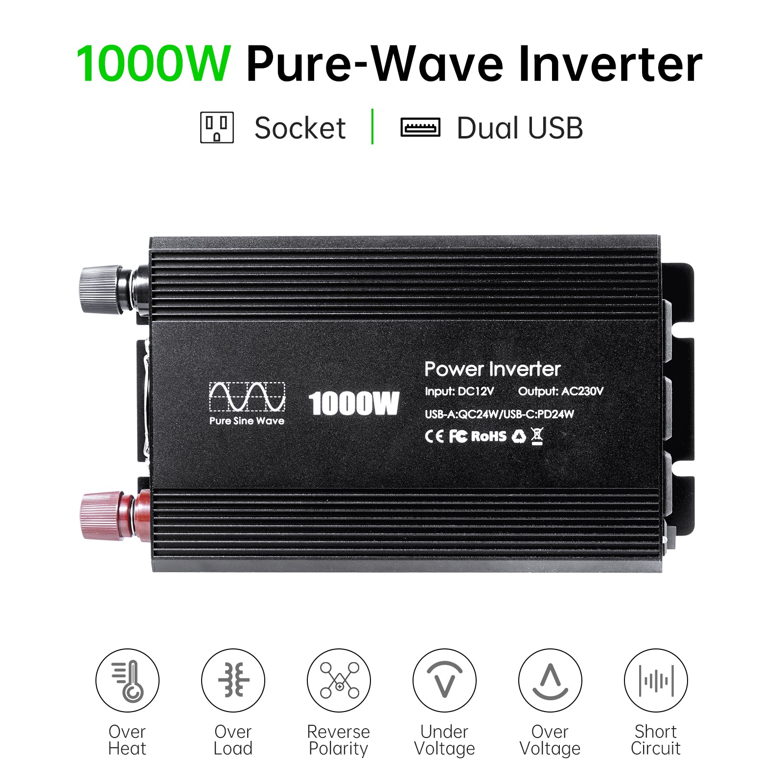 Pure sine Inverter 1000w,12v DC to 110v Power Inverters for 1000 watt with Dual AC Outlets 3.0A USB and Type-C【EU stock】