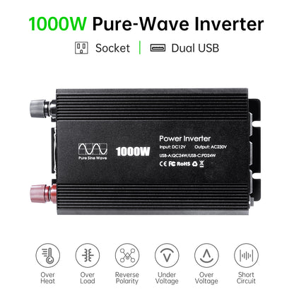 Pure sine Inverter 1000w,12v DC to 110v Power Inverters for 1000 watt with Dual AC Outlets 3.0A USB and Type-C【EU stock】