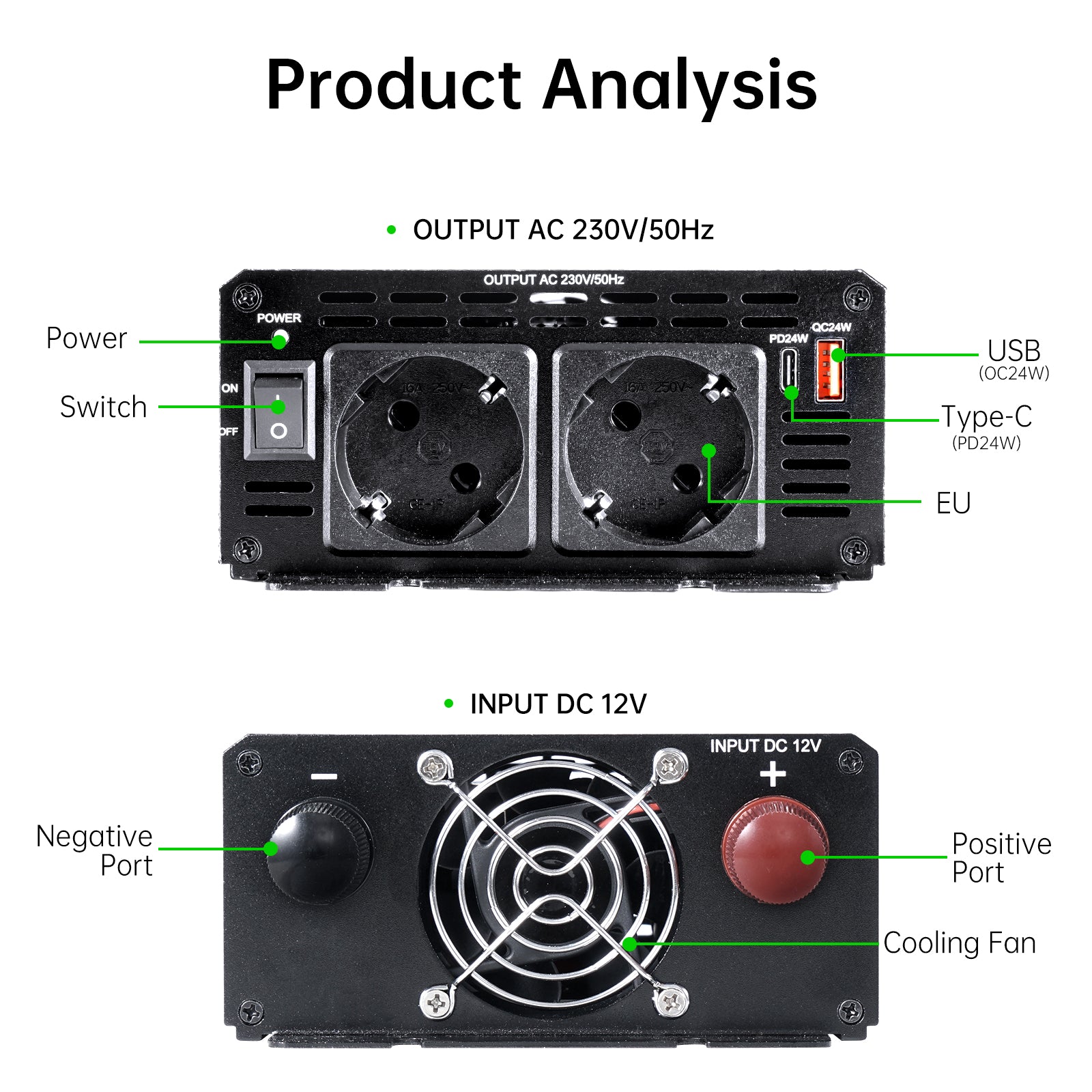 Pure sine Inverter 1000w,12v DC to 110v Power Inverters for 1000 watt with Dual AC Outlets 3.0A USB and Type-C【EU stock】