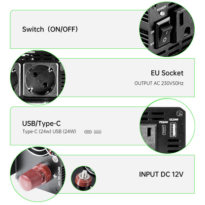 Pure sine Inverter 1000w,12v DC to 110v Power Inverters for 1000 watt with Dual AC Outlets 3.0A USB and Type-C【EU stock】