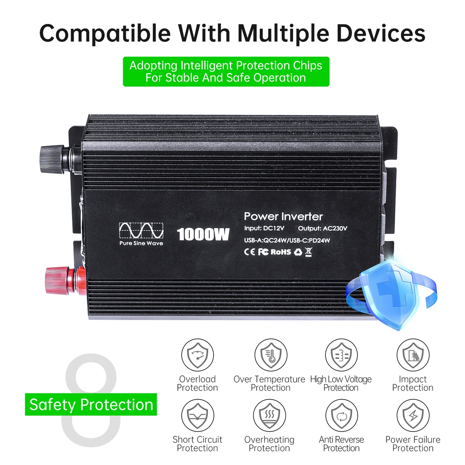 Pure sine Inverter 1000w,12v DC to 110v Power Inverters for 1000 watt with Dual AC Outlets 3.0A USB and Type-C【EU stock】