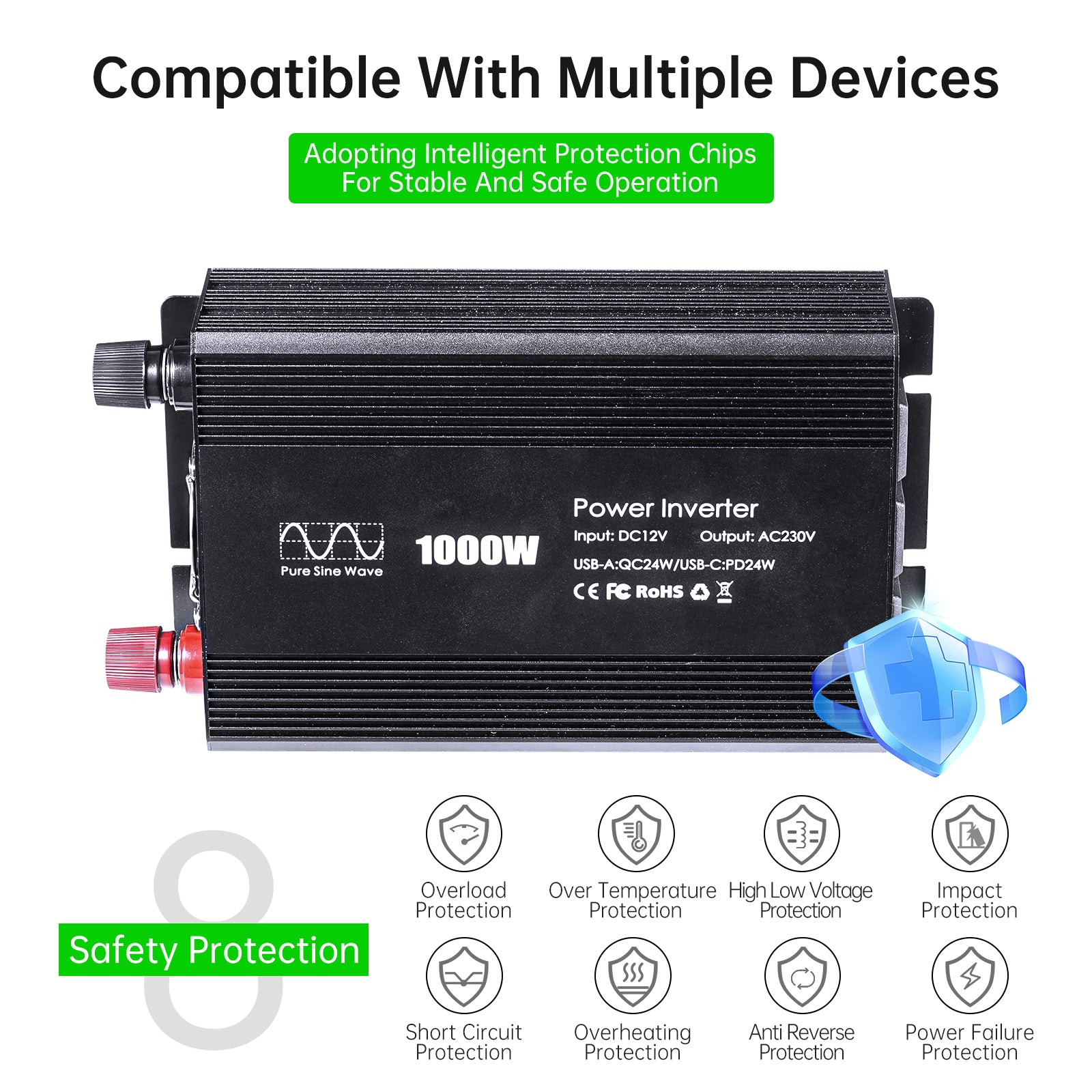 Pure sine Inverter 1000w,12v DC to 110v Power Inverters for 1000 watt with Dual AC Outlets 3.0A USB and Type-C【EU stock】