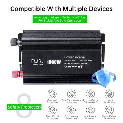 Pure sine Inverter 1000w,12v DC to 110v Power Inverters for 1000 watt with Dual AC Outlets 3.0A USB and Type-C【EU stock】