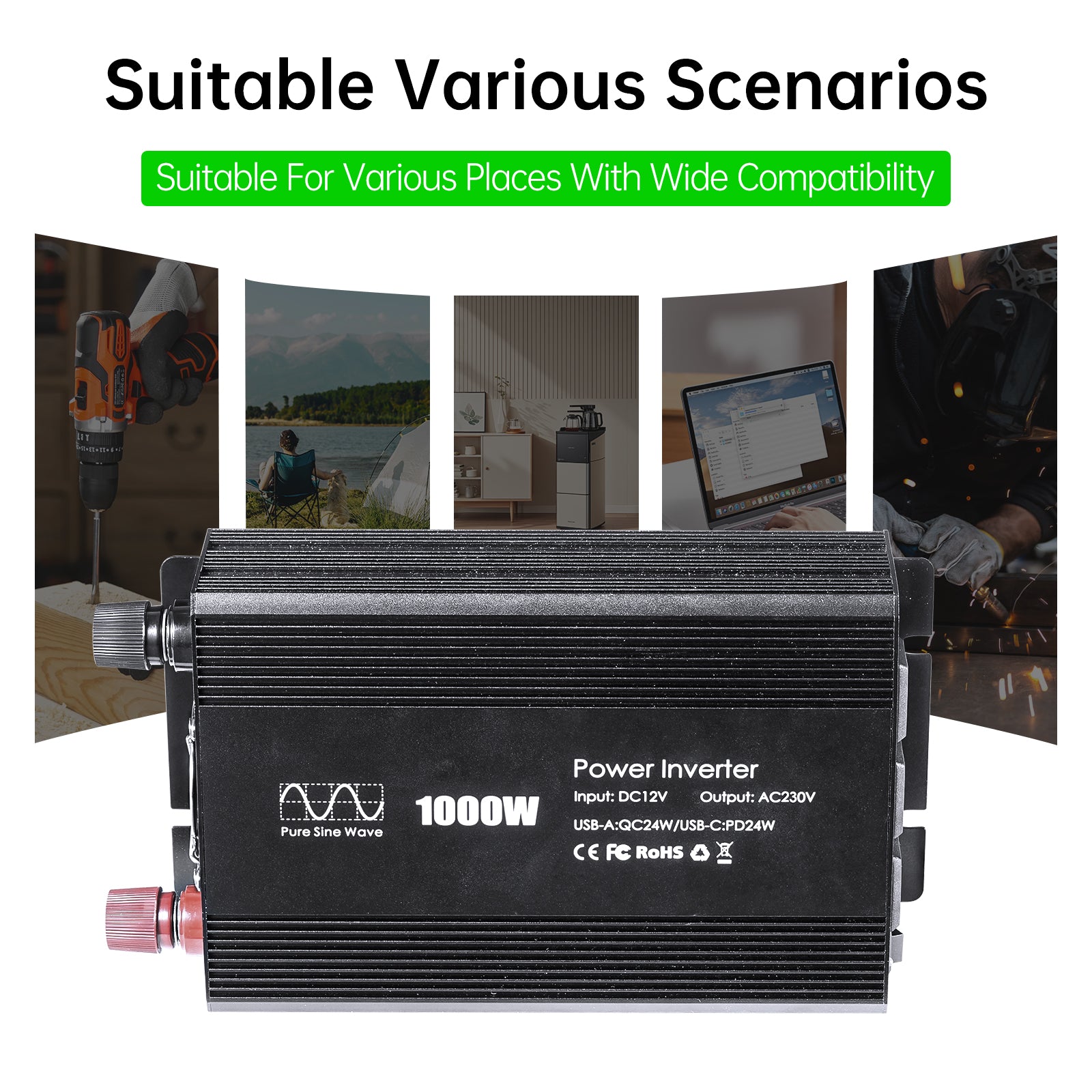 Pure sine Inverter 1000w,12v DC to 110v Power Inverters for 1000 watt with Dual AC Outlets 3.0A USB and Type-C【EU stock】