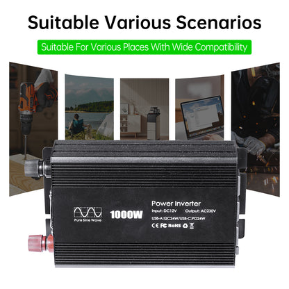 Pure sine Inverter 1000w,12v DC to 110v Power Inverters for 1000 watt with Dual AC Outlets 3.0A USB and Type-C【EU stock】